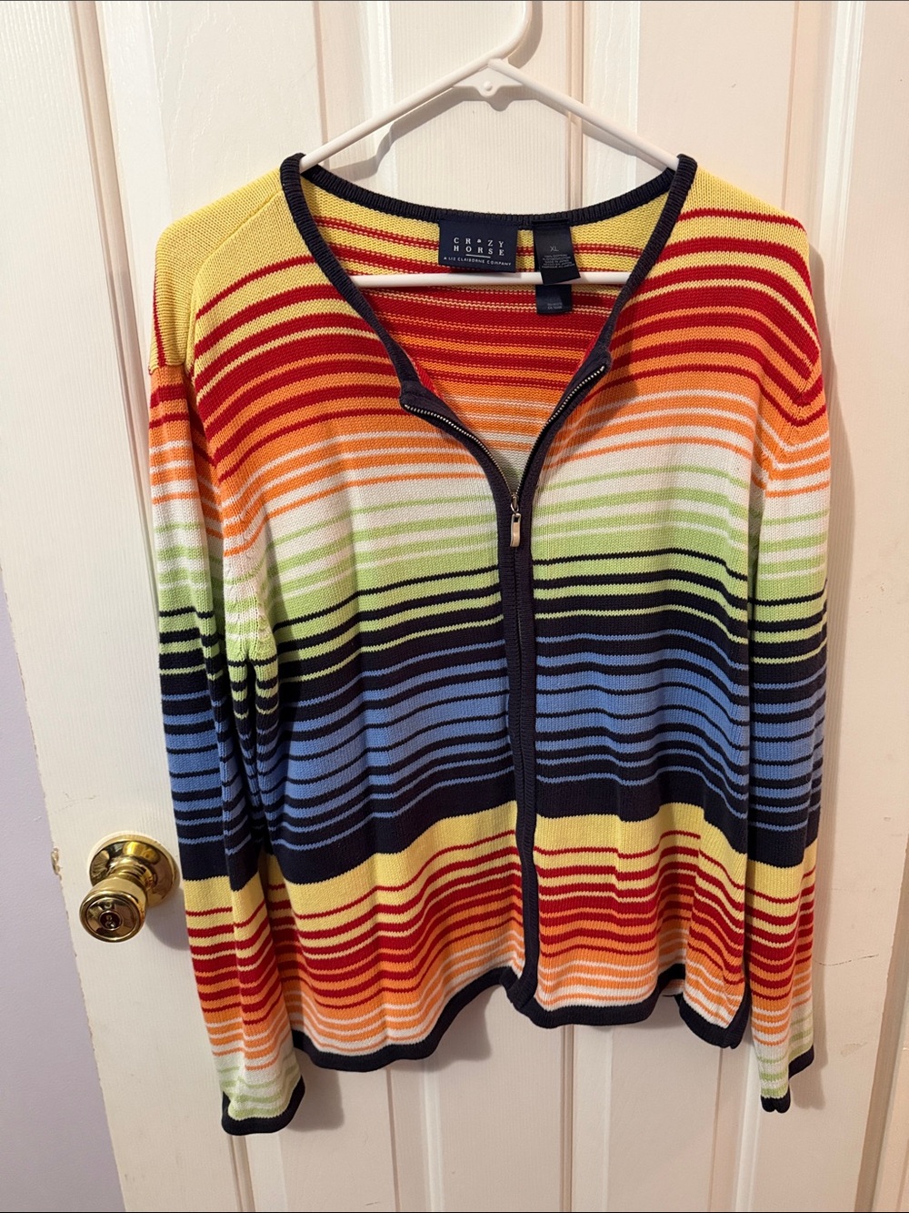 Liz Claiborne Multi-Stripe Zip Front Women's Sweater - Yellow/Red/Blue